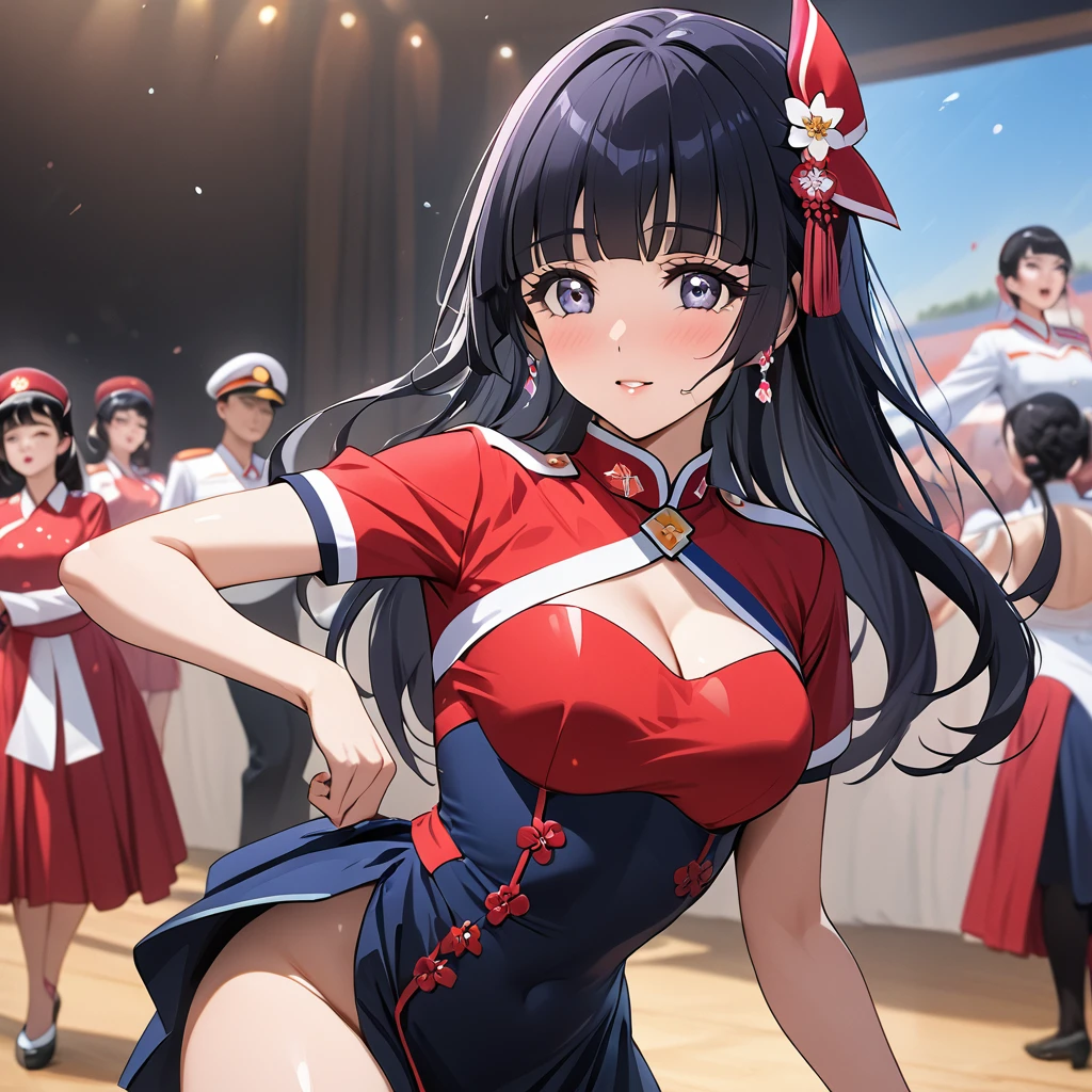 ((Highest quality)), ((masterpiece)), (detailed), (Perfect Face)、The woman is Reika Aoki with semi-long hair、The woman is a member of the North Korean Pleasure Squad and is dancing for the General in a glamorous North Korean dance costume.