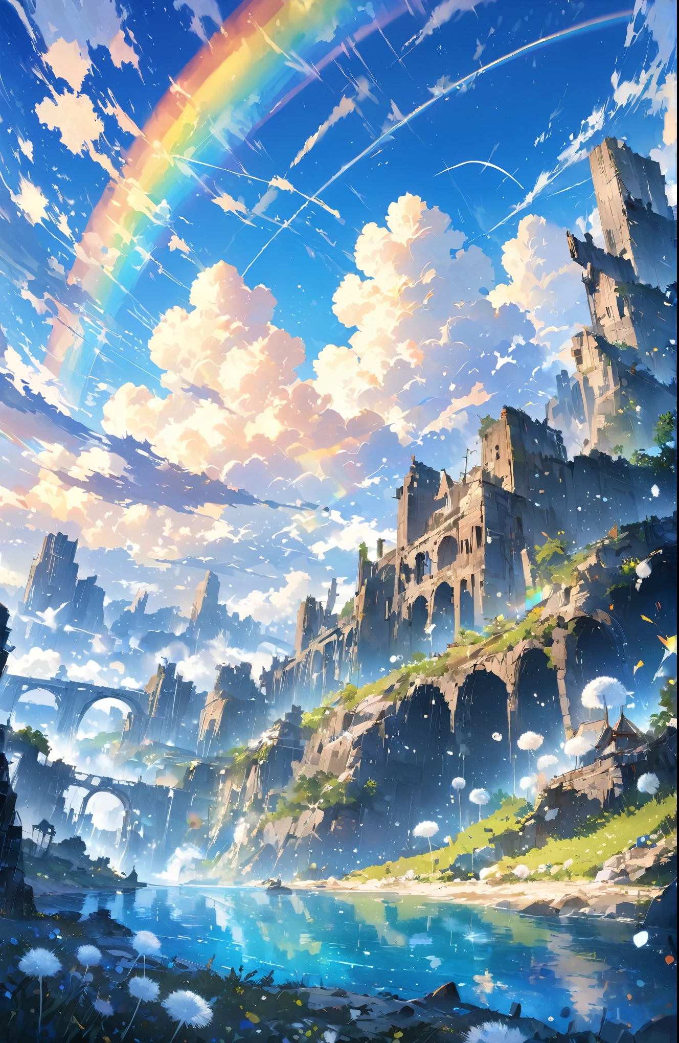 ((Amazingly absurd)),(masterpiece:1.2),超High resolution, Attention to detail, high quality, High resolution, 最high quality, 4K, 8k、very beautiful、landscape、landscape画、Endless blue sky、A rainbow appears、There is a group of ruins、Dandelion fluff flies up,rainbow