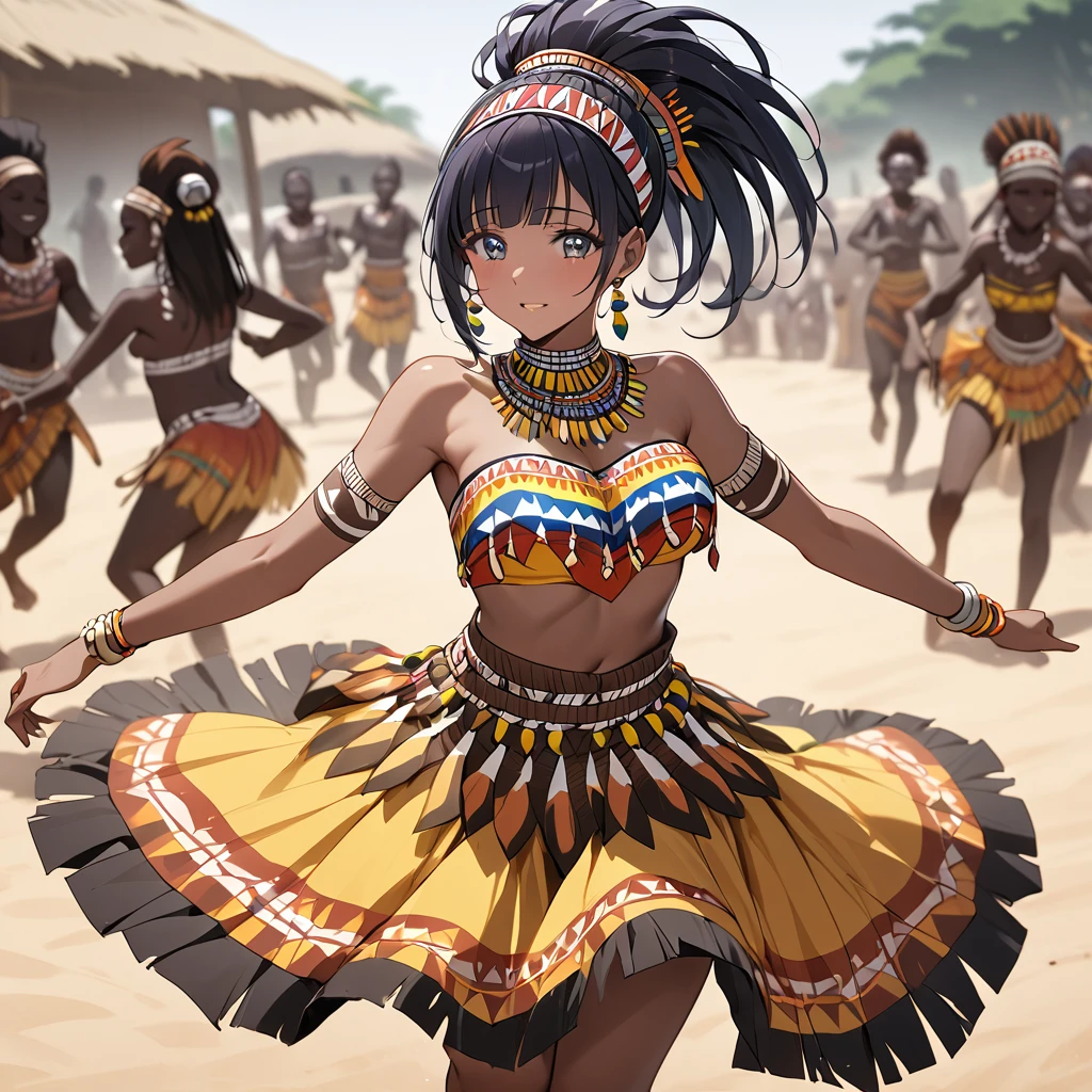 ((Highest quality)), ((masterpiece)), (detailed), （Perfect Face）、The woman is Reika Aoki, a native dancer from Ghana, Africa, with medium-long hair.、A woman is dancing an African native tribal dance in Ghanaian native African tribal dance costume and with a Ghanaian hairstyle