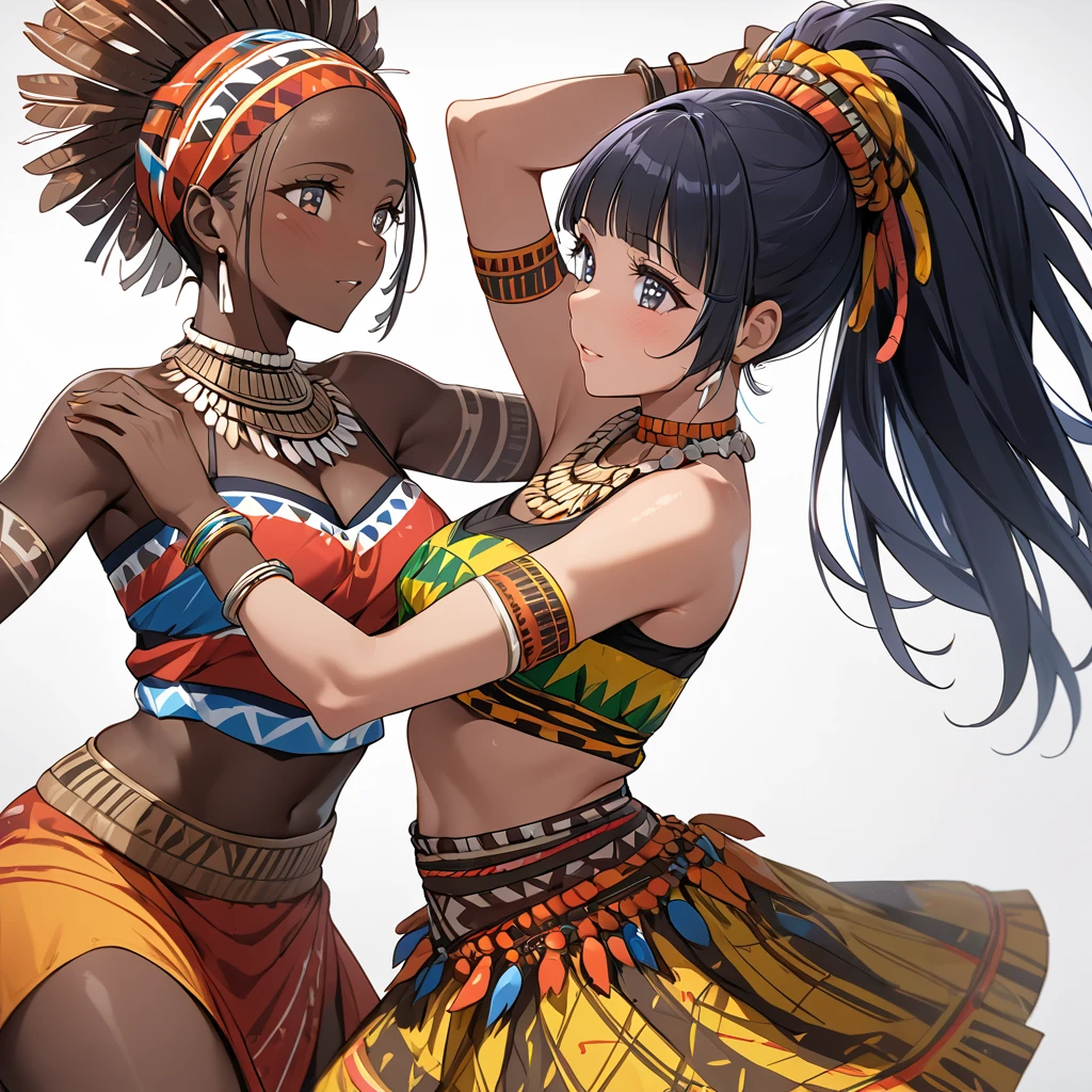 ((Highest quality)), ((masterpiece)), (detailed), （Perfect Face）、The woman is Reika Aoki, a native dancer from Ghana, Africa, with medium-long hair.、A woman is dancing an African native tribal dance in Ghanaian native African tribal dance costume and with a Ghanaian hairstyle