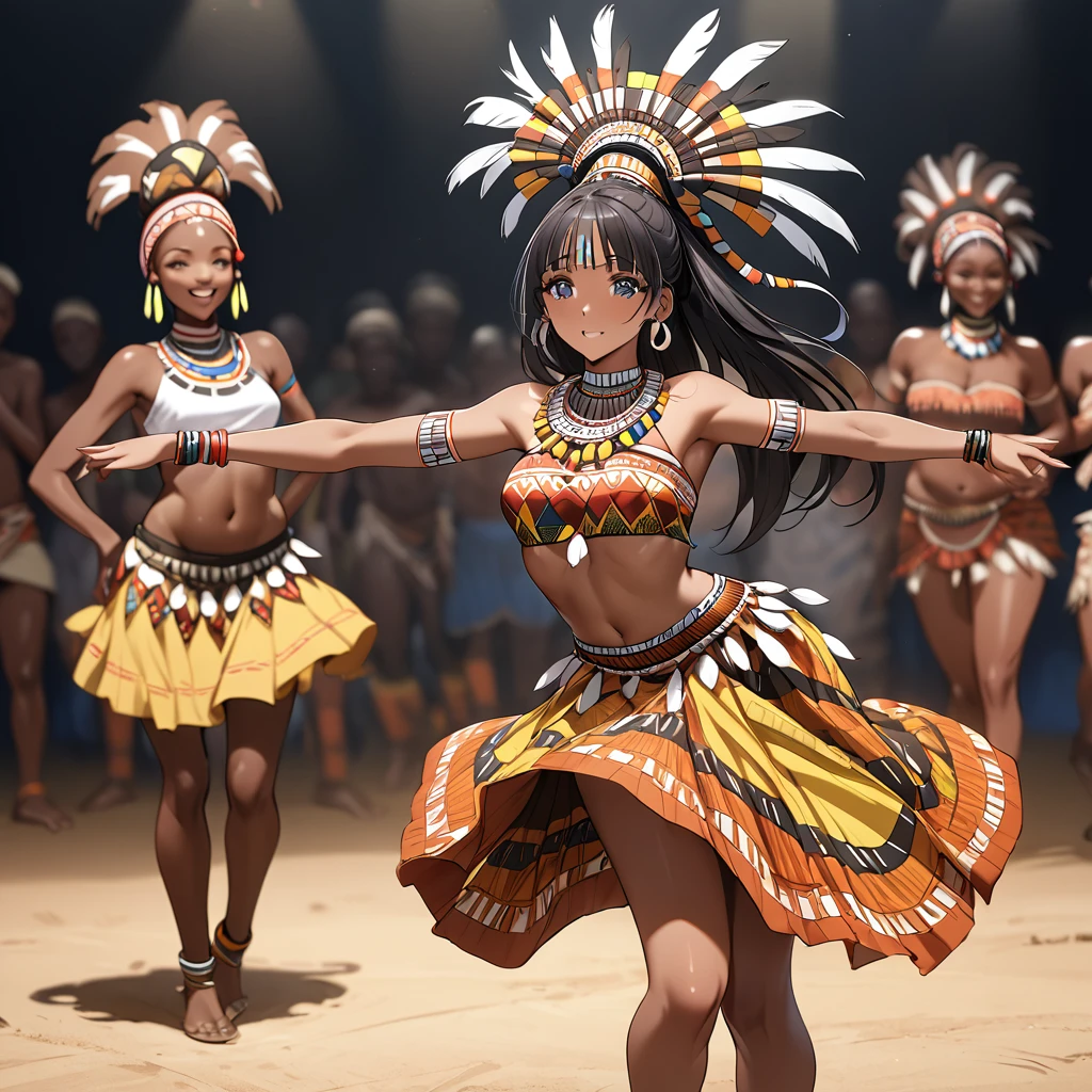 ((Highest quality)), ((masterpiece)), (detailed), (Perfect Face)、The woman is Reika Aoki, a native dancer from Ghana, Africa, with medium-long hair.、A woman is dancing an African native tribal dance in Ghanaian native African tribal dance costume and with a Ghanaian hairstyle