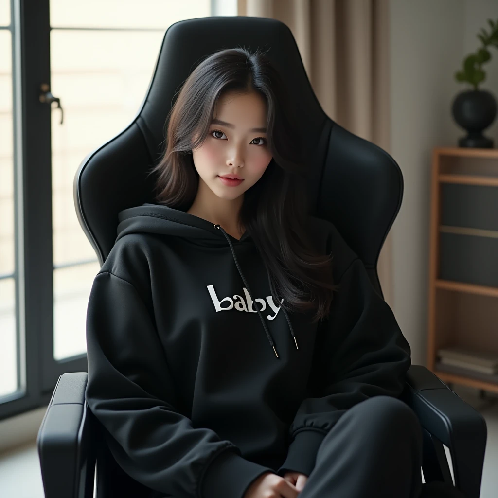 A beautiful Korean woman sitting on a gaming chair wearing a black polite hoodie , with name on hoodie " BABY "