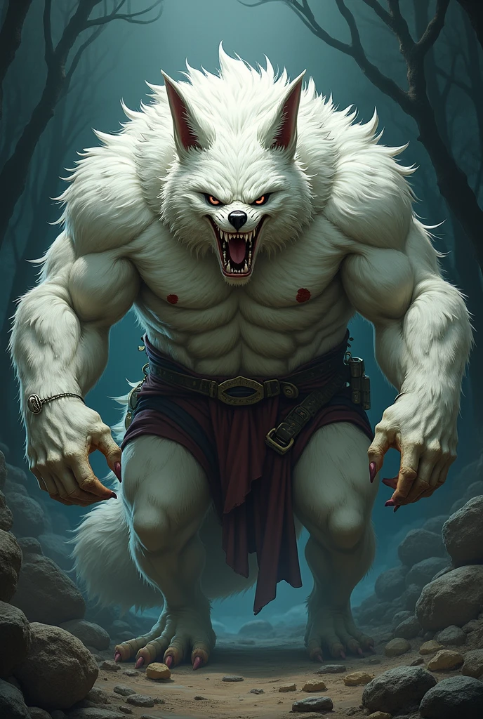 A fox mink man, with large white fur hairs, and monstrous appearance, Estilo One Piece