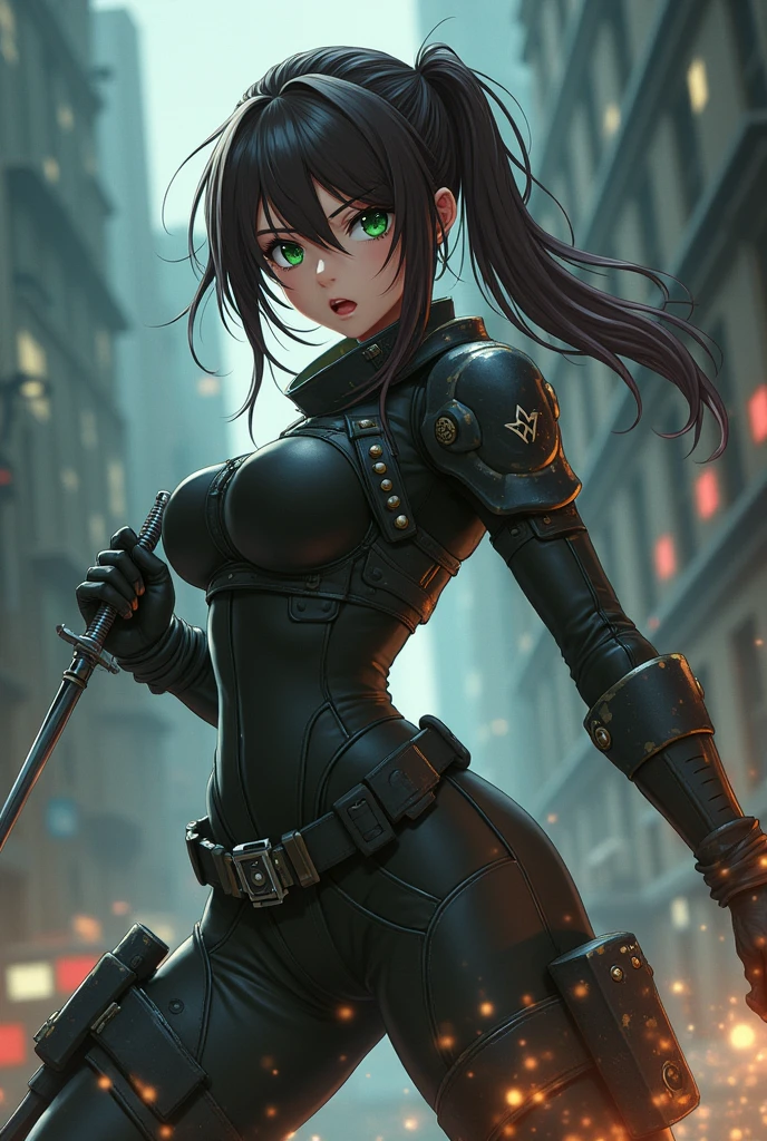 Dark brown anime girl with green eyes in combat gear holding a dagger
