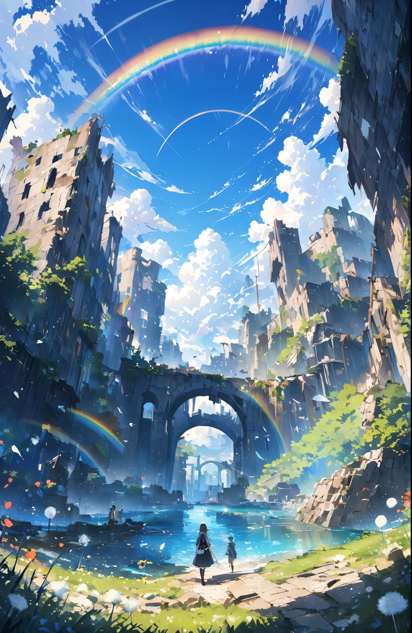 ((Amazingly absurd)),(masterpiece:1.2),超High resolution, Attention to detail, high quality, High resolution, 最high quality, 4K, 8k、very beautiful、landscape、landscape画、Endless blue sky、A rainbow appears、There is a group of ruins、Dandelion fluff flies up,rainbow