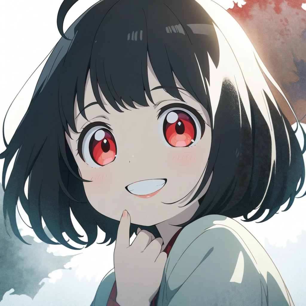 female child, 1 woman, glad, delightful, blissful, cheerful, happy, smiling, laughing, cheerful grin, looking at viewer, looking to the left, looking up, bob cut, ahoge, black hair, red eyes, slant eyes, big eyes, sanpaku, red lips, pale skin, pinky to own mouth, solid white background, anime, hard-edged, India-ink painting, upper body, macro shot, front view, headshot, rule of thirds, best hand