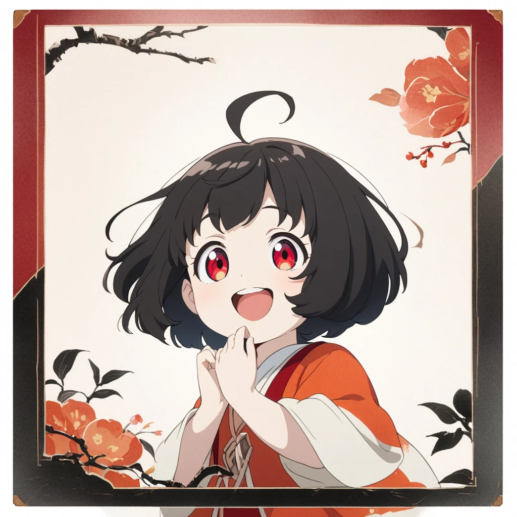 female , 1 woman, glad, delightful, blissful, cheerful, happy, smiling, laughing, cheerful grin, looking at viewer, looking to the left, looking up, bob cut, ahoge, black hair, red eyes, slant eyes, big eyes, sanpaku, red lips, pale skin, pinky to own mouth, solid white background, anime, hard-edged, India-ink painting, upper body, macro shot, front view, headshot, rule of thirds, best hand