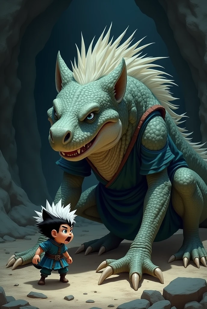 An anthropomorphic youthful slender wolf cub with black and white fur, blue eyes and a striking white mohawk hairstyle wears a dark blue, baggy medieval tunic shirt with dark green, T-shirt-like short sleeves. in animated drawing style. He finds himself in a dark, dark cave. A huge evil monstrous lizard creature, which is significantly larger than the wolf cub, has already grabbed the panicked wolf cub by the head and is pressing him firmly to the cave floor with his claws. The monster drools, while trying, to devour the wolf cub. animated drawing style