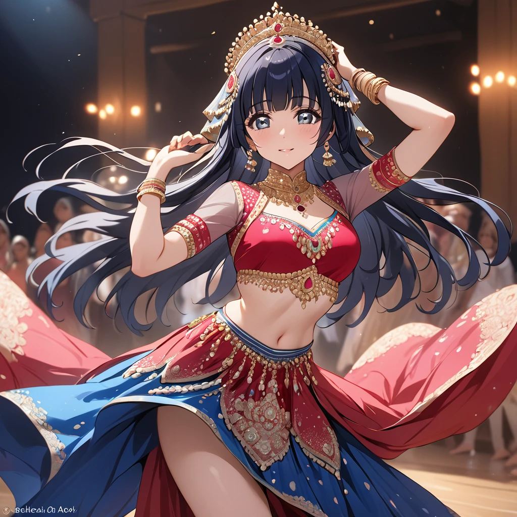 ((Highest quality)), ((masterpiece)), (detailed), (Perfect Face)、The woman is Reika Aoki with semi-long hair、A woman is dancing beautifully in Bollywood dance costume in India