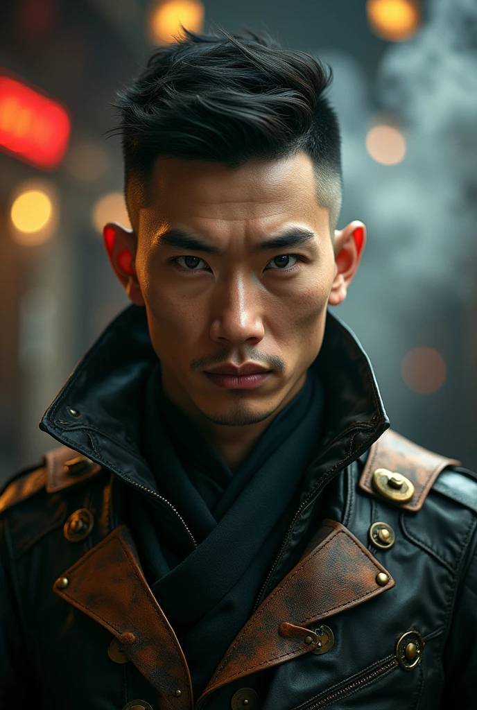 (photorealism:1.2) Asian man with crewcut wearing steampunk