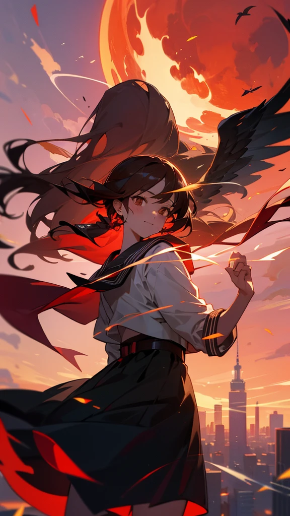 8k resolution, absurdres, cowboy shot, cyberpunk, girl, student, light smile, long hair, brown hair, bob hair, drop earrings, necklace, sailor shirt, sailor suit, sunset, city, Cinematic Lighting, beautiful detailed glow, floating ashes, beautiful and detailed explosion, red moon, fire, fire cloud, wings on fire, a cloudy sky, smoke of gunpowder, burning, black dress, dove of peace, (floating cloud:1.2)