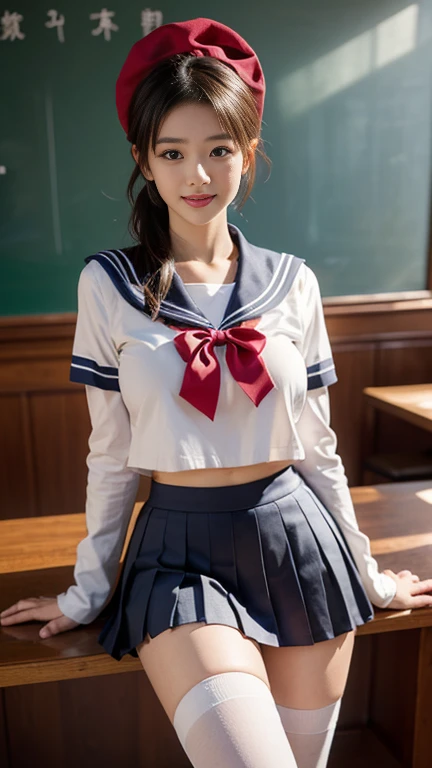 (A gorgeous Japanese idol, age 22, in a cafe, wearing serafuku, seifuku, school uniform, sailor moon, jk uniform, high-school uniform, pleated mini-skirt, red ribbon, red bowtie, sailor hat, knee high socks, 

Easygoing expressions, kind smile, dimpled chins, cute snaggle-tooth, short bob hair ponytail, symmetrical face, realistic detailed face, beautiful detailed eyes, perfect body anatomy, hourglass figure, ample round bosoms, huge breasts,

Raw photo, photorealistic, realistic portrait, hyper-realism, high contrast, ultra HD, realistic skin textures, top image quality, top-quality, super high resolution, fine details, very meticulously, masterpiece, medium shot, close-up shot, cowboy shot, High Angle Shot, bokeh background, SFW, Safe For Work)