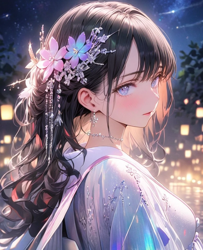 8k,Ephemeral beauty，Very delicate and beautiful,Beautiful and realistic skin,Hair that shines like a jewel,Black Hair、Long and colorful hair,Beautiful Eyes,good,Beautiful night sky、shy、white, Ruffled adult clothes、
The hair ornament is small