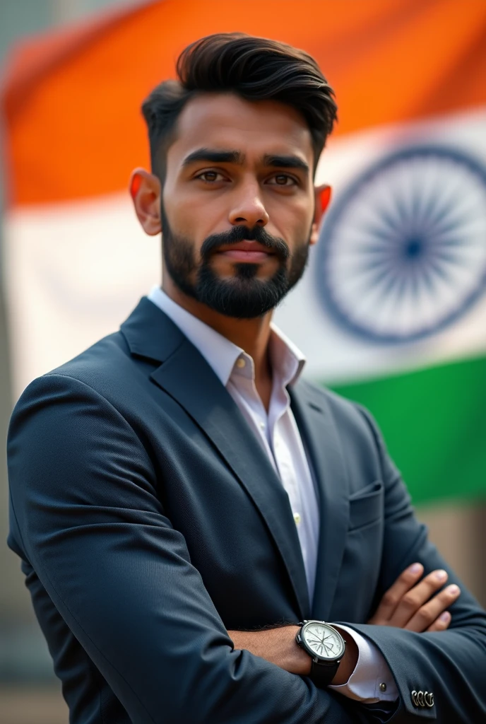 Indian 24 year young professional boy Beard. normal haircut And eye to eye. stand position indian flag background