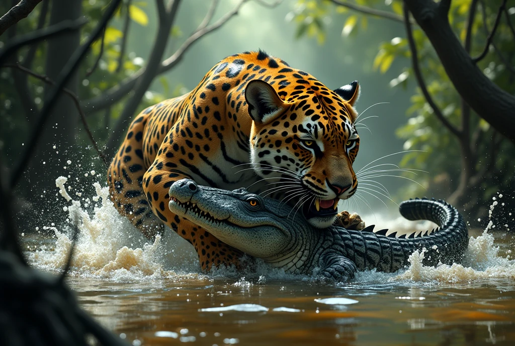 Create a dramatic, AI-generated artwork that captures the intense moment of a jaguar attacking a caiman in an Amazon jungle lake. The jaguar should be depicted in mid-action, biting the caiman's head, showcasing the raw power and ferocity of the predator. The scene takes place in the murky waters of a dense Amazon rainforest, with lush vegetation and twisted roots surrounding the lake. The environment should be atmospheric and tense, with dramatic lighting filtering through the jungle canopy, casting deep shadows and highlighting the struggle between the two animals. Use rich, earthy tones to capture the texture of the jaguar's fur, the caiman's rough scales, and the surrounding environment, creating a sense of danger and primal energy. The style should be highly realistic, with meticulous attention to detail in the depiction of the jaguar's muscles tensing as it grips the caiman, the splashing water, and the chaotic motion of the scene. The background should add to the intensity, with the dense jungle and murky water contributing to the dramatic mood. The final artwork should be a high-resolution, visually striking piece that conveys the raw, untamed power of nature, evoking a sense of awe and respect for the ferocity of the wild.