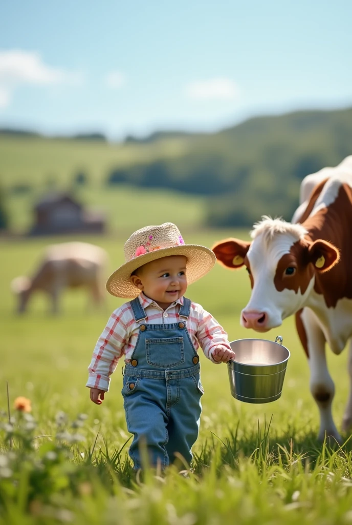 Create a scene where an adorable baby , wear a white, pre-checkered shirt, denim overalls, a straw hat decorated with flowers and the baby carrying a stainless steel bucket full of milk, next to the baby, um uma vaca de verdade caminhante next to the baby, SHOWING on the catwalk, ultra realistic 4k motion camera