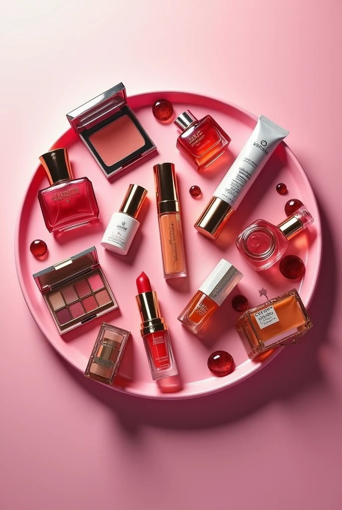 A circle of colourfull and detailed professionally beauty products photographed from above with high quality for a beauty brand logo