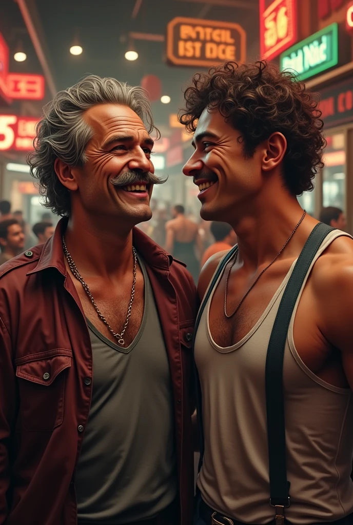 Generate a picture where there is loser man with mustache and a Young 1 with Brown curly hair and muscles there are sitting in Sport Betting saloon and just won a lot of money