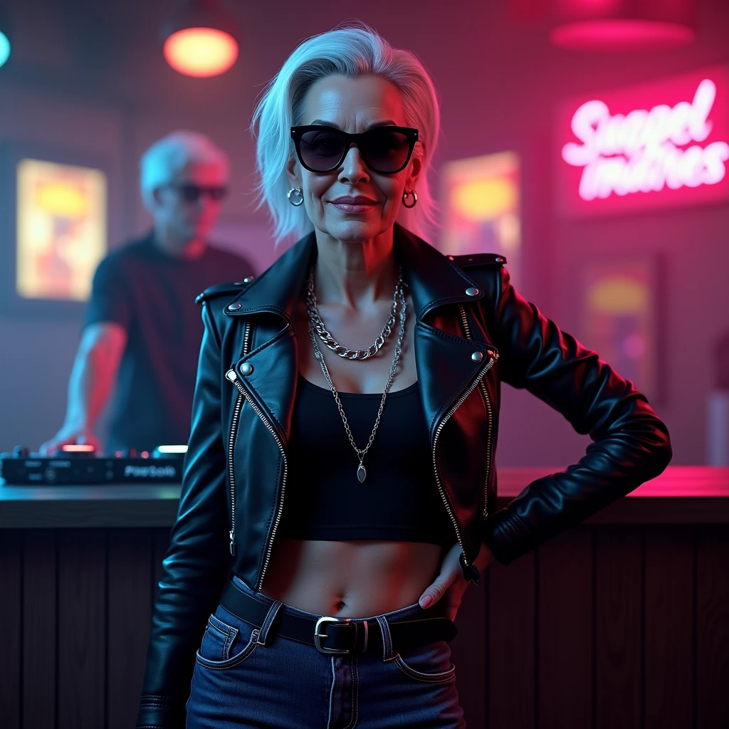 ポーズを決めているイケイケ婆さん: "A hyper-realistic close-up of an elderly woman with slicked-back silver hair, wearing sleek, dark sunglasses and striking a confident pose with one hand on her hip. She is dressed in a fitted leather jacket and skinny jeans, exuding a rock-and-roll vibe. The background is a dimly lit nightclub with neon lights and a DJ booth, enhancing her edgy and cool image."