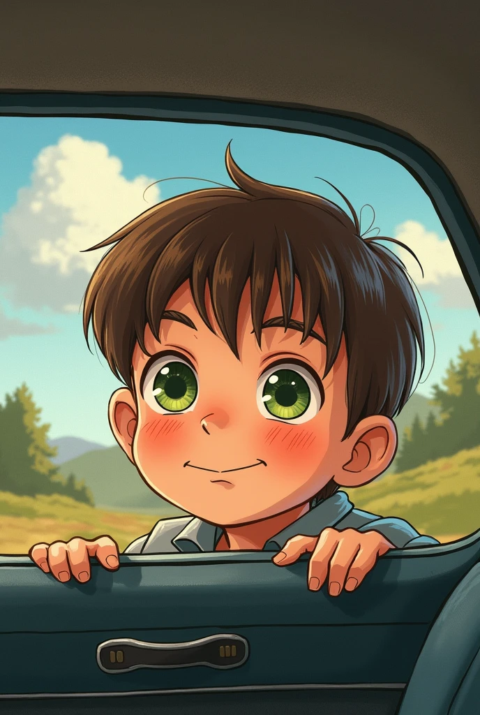 Drawing of a boy looking out of a car window with brown hair, green eyes and pretty round cheeks