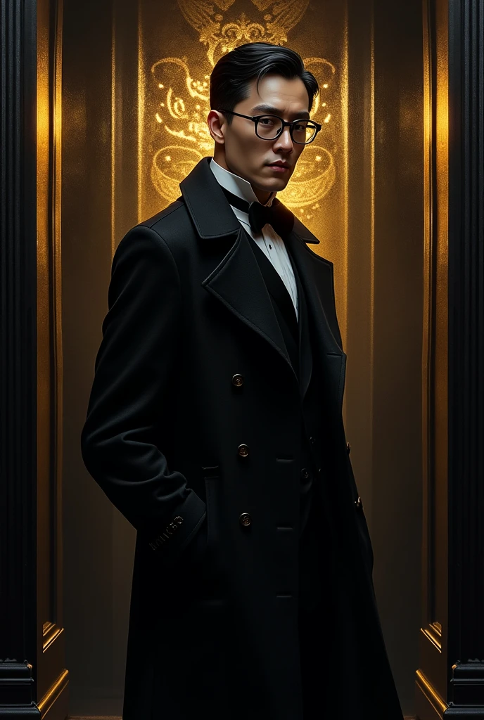 One man with spectacles wearing a black coat. Color the background with black and gold. Write on that showcase SENARIOUNION