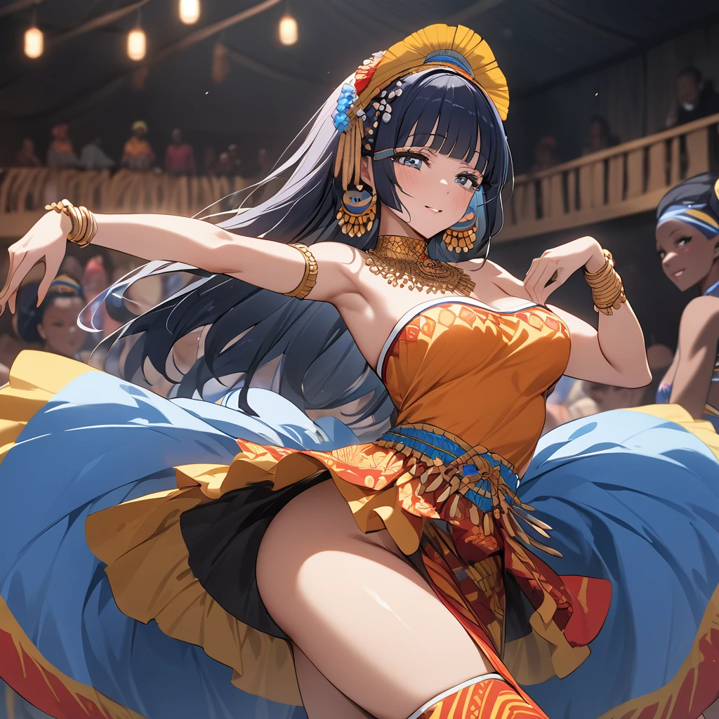 ((Highest quality)), ((masterpiece)), (detailed), (Perfect Face)、The woman is Reika Aoki with semi-long hair、The woman is wearing a Congolese costume and dancing the Congolese dance.