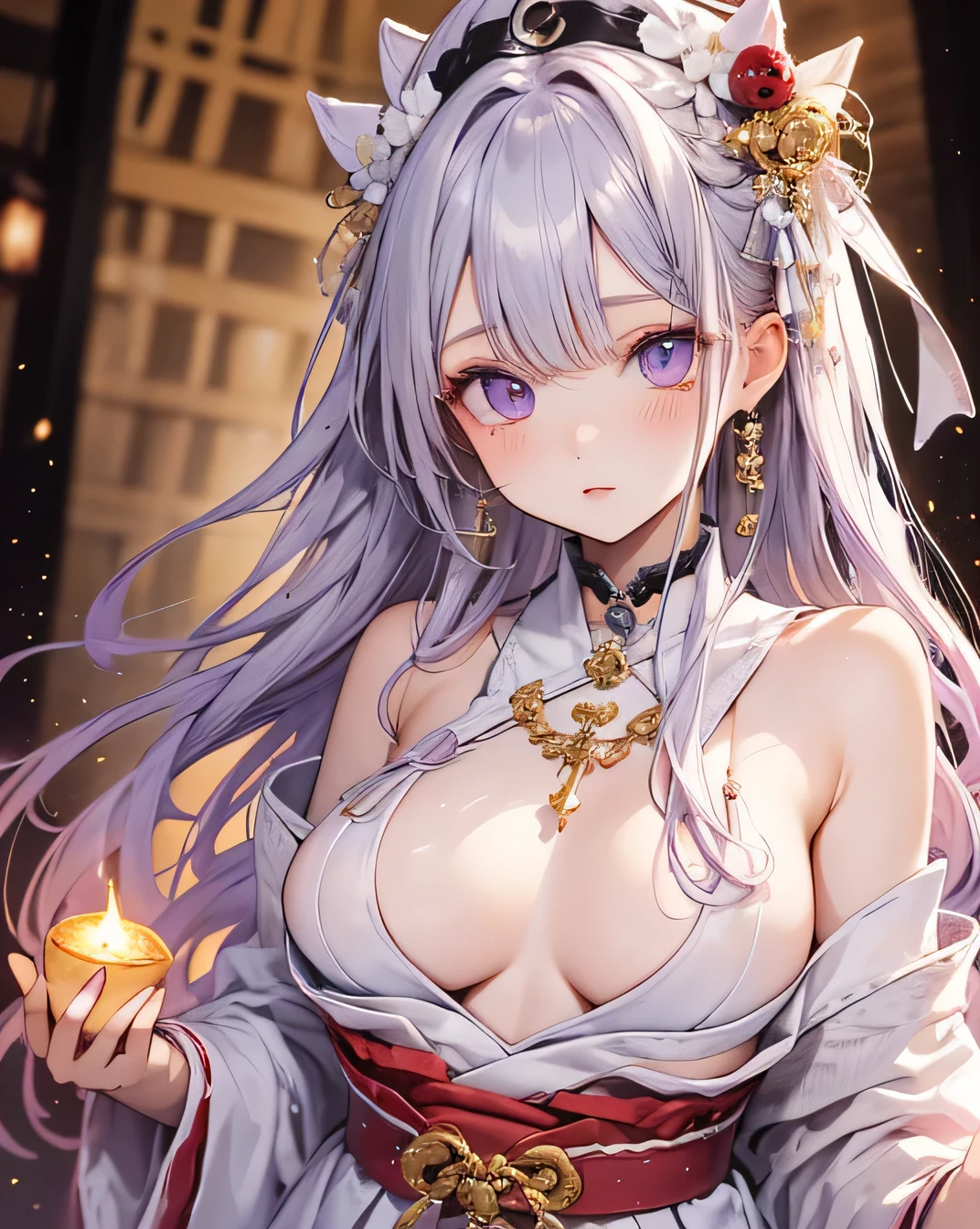 (Highest quality:1.4), High resolution, masterpiece, Detailed, One beautiful woman, Light purple hair, Purple eyes, Beautifully detailed face, Beautiful attention to detail, Mid-chest, Naked thin thighs,, hair ornaments, (red|White Japanese shrine maiden outfit), red面,, lanthanum, shrine,, Detailed face,