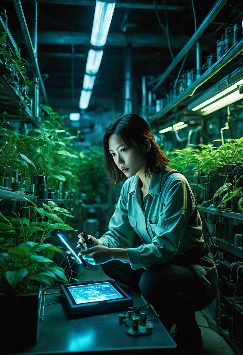 Genius botanist lady ducktail Misaki, she crouching behind an elaborate metal device, holding a tablet with incriminating data, and in her other hand a weapon she holds a standard flashlight, A futuristic secret laboratory, rows of glowing cylindrical containers filled with rare clematis, bioluminescent plants emitting an eerie blue-green light, Alarms blinking red, steam hissing from pipes, floor reflective, holographic display showing molecular structure of plants, vial of liquid glowing in foreground, exit sign illuminated in distance, cinematic action scene composition, saturated colors, lens flare, ultra-detailed, intricate detail Highly Detailed Eyes, Faded, 16K resolution, RAW, Nikon Z9, Creative, Masterpiece, Fantasy, High Definition, High Quality, 8k, Realistic, Dramatic Lighting, Soft Focus, Digital Illustration, Intricate Mechanics, Advanced Techniques, Dark Background Cinematic, High Contrast, High Contrast Atmosphere, (Best Quality, 4k, 8k, High Definition, Masterpiece: 1. 2), Ultra-Detailed, (Realistic, Graphic, Photorealistic: 1. 4) -- No Glass --AR 16:9 --Stylize 1000