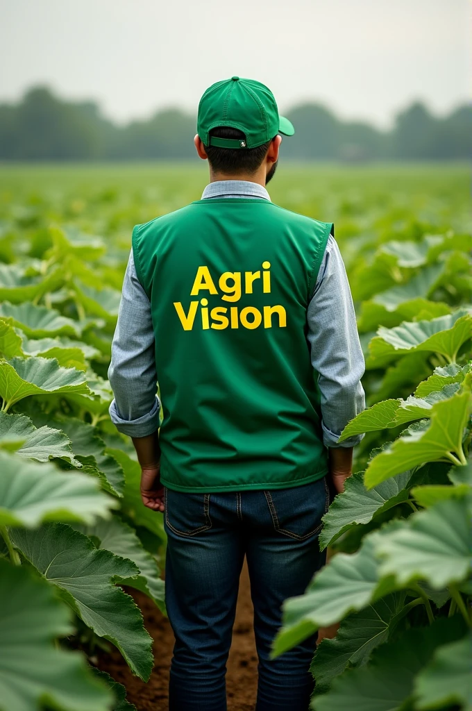 Un ingenieur agronome portans un chapeau et gilet de couleur verte ecris VISION AGRI dessus en couleur jaune se trouvant dans un champs de concombre avec des fruit de concombre bien visible