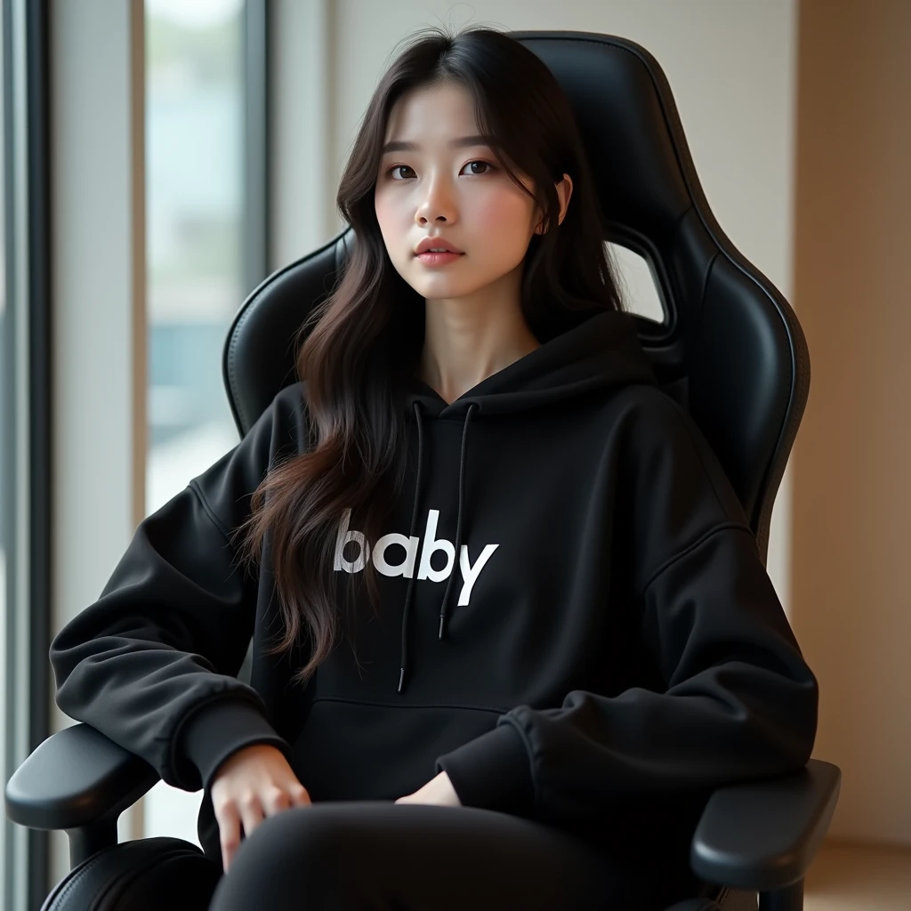 A beautiful Korean woman sitting on a gaming chair wearing a black polite hoodie , with name on hoodie " BABY "