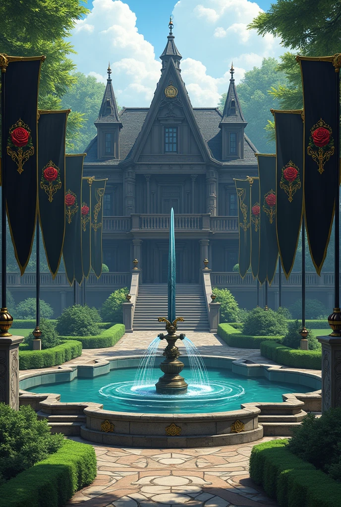 Un gros manoir légèrement avec du bois sombre, symétrique avec un très grand jardin et une grande Fontaine, en son centre une statue d'épée planté au milieu de la fontaine. Le manoir arbore des fanions noirs, aux bords dorés avec un logo de 3 roses enchaînés