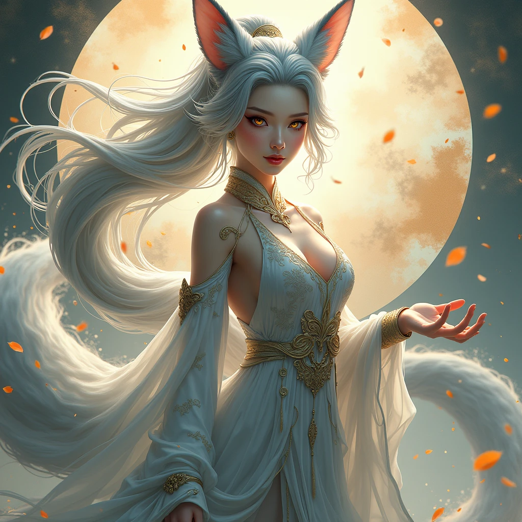 ((Tall and slender beautiful Chinese woman)) ((with 1 rabbit in her arms)), Wearing peony hair jewelry, in Chinese ancient costume: kimono, beautifull details, Rich light and shadow, Absolutely beautiful female body, Willow eyebrows, gentle eyes, Flowing skirt, floating clouds, watercolour, ink, Harmonious and unified tones, Heart Rendering, Perfect Art, Fresh colored background, ancient Chinese painter in the style of Qiu Ying, soft shadows, Clear Focus, Cinematography, center composition, Poster design, Cinematography, the panorama, 12), -- at 6, Fine and clear facial features, ((detailed realistic face and eyes)), with her long white hair, ((Detailed realistic figure of a girl)), (big yellow eyes:1.2), Burst breasts, (Lovely Medium Breasts), ((perfect anatomy:1,5)), (shapely body), sexy stockings, Beautiful slender legs, sexypose, (full-length photo:0.6), Clean five fingers.