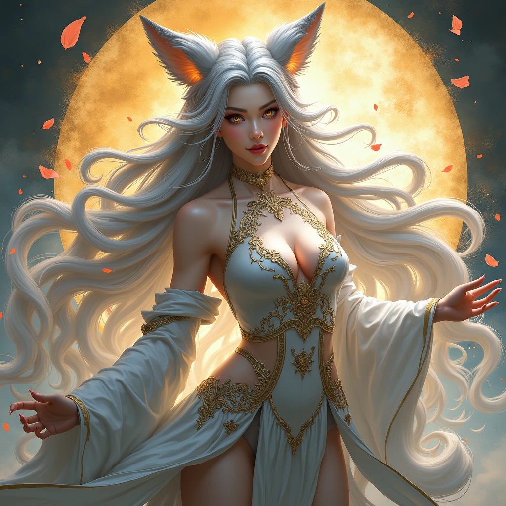 (Divine Beast), Nine-Tailed Fox, Dynamic Body Type, (Chinese Monster), good looking, splashed Ink, Chinese, One girl, ((whole body), ((2.5D)), Floating Hair, Beautiful Eyes, Delicate eyes, Delicate Silhouette, Fantasy art, (Antique black and red brocade hanfu), Fob, (masterpiece), Front shot, profile, White Background, (Movie Posters), sharp, splash, cloud, petal, nullの, null, (Wide-angle lens), Overlooking、Portraiture, Long Hair, Gray Hair, Golden Eyes, One girl, head, face, Magical girl, absurdes, masterpiece, Highest quality, Magical girl costume, ((Magical girl)), short hair, Devastation, Remains, Dynamic pose, Apocalypse, Spell casting, Style-Glass, Full Body Shot、masterpiece, Highest quality, One girl, Giant Tall h○rns, l○ungewear, Long Red hair, Red Eyes, Long hair, : Sunburn, tw○-t○ne backgr○und, fantasy ○f terr○r