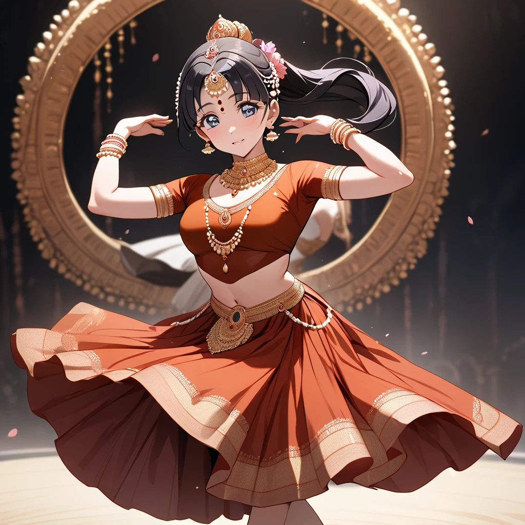 ((Highest quality)), ((masterpiece)), (detailed), (Perfect Face)、The woman is Reika Aoki with semi-long hair、A woman is dancing Bharatanatyam in Bharatanatyam costume in India
