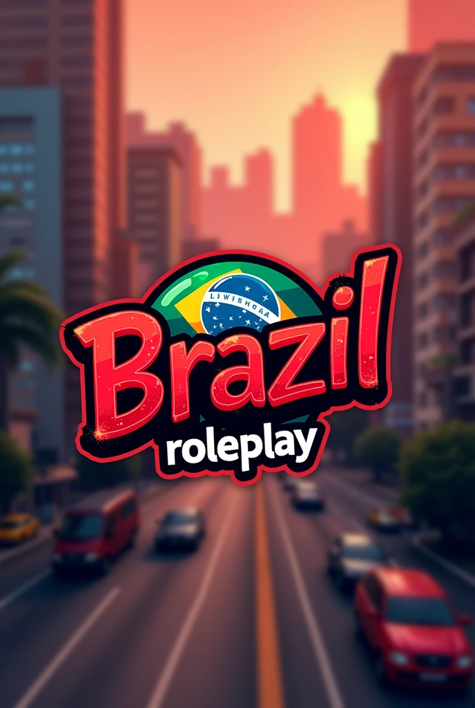 a banner (1980x1080) with a cartoon city in the background out of focus, a logo with the word BRAZIL written in graffiti, below written ROLEPLAY, red and black colors