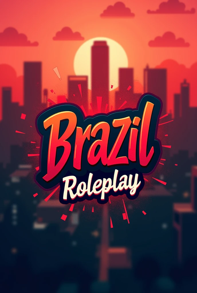 a banner (1980x1080) with a cartoon city in the background out of focus, a logo with the word BRAZIL written in graffiti, below written ROLEPLAY, red and black colors