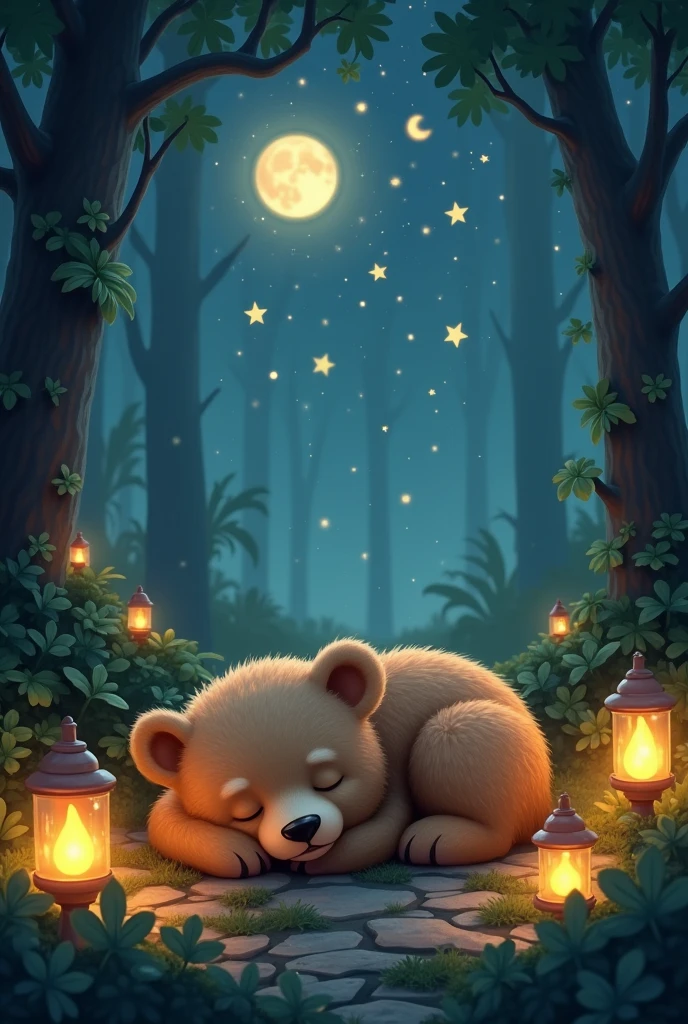 Fantasy sleeping little bear。Lying down。There are lots of warm lamps around and lots of stars and moons。In a fantastic forest。