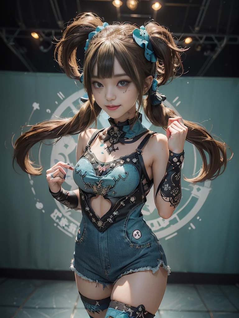(Full Body View:1.2)、(Side view:1.1)、(Smiling with teeth showing:1.3),(Shibuya Gal:1.5)、(Goth Style Fashion:1.5)、(Maid cafe style:1.5)、(Wearing a rhythmic gymnastics bodysuit with intricate details:1.4)、(Racing suit and shorts with intricate turquoise, denim and charcoal details:1.5)、(Denim and light blue and turquoise boots:1.3)、((Fluffy hat))、(Numerous delicate logo marks all over the costume:1.4)、(collar:1.3)、(Polka dot underwear:1.5)、20-year-old、NSFW、((Highest quality、In 8K、masterpiece:1.3))、Sharp focus:1.2、(Layered Cut、Huge boobs:1.1),Beautiful woman with perfect figure:1.4、(doing a gravure pose:1.3)、Slender Abs:1.2、Highly detailed face and skin texture、Detailed eyes、double eyelid,(Twin tails:1.3)、(Brown-golden hair:1.3)、Gravure idol、(The background is the stage of the fashion show:1.3)、(Slim Body:1.3),(Make your legs thinner:1.4),(clavicle:1.1)