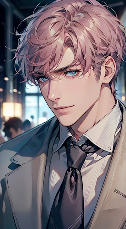 (Highest quality,4K,8K,High resolution,masterpiece:1.2),Super detailed,(Realistic,photoRealistic,photo-Realistic:1.37),1 personld,Mature Men,Beautiful skin、Profile、very handsome,Expressionless,smile,Short gray pink hair,blue eyes,Sharp Eyes,A perfect face without a doubt,Businessman,Office Background,Cinema Lighting,HDR image,tie、