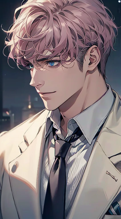 (Highest quality,4K,8K,High resolution,masterpiece:1.2),Super detailed,(Realistic,photoRealistic,photo-Realistic:1.37),1 personld,Mature Men,Beautiful skin、Profile、very handsome,Expressionless,smile,Short gray pink hair,blue eyes,Sharp Eyes,A perfect face without a doubt,Businessman,Office Background,Cinema Lighting,HDR image,tie、