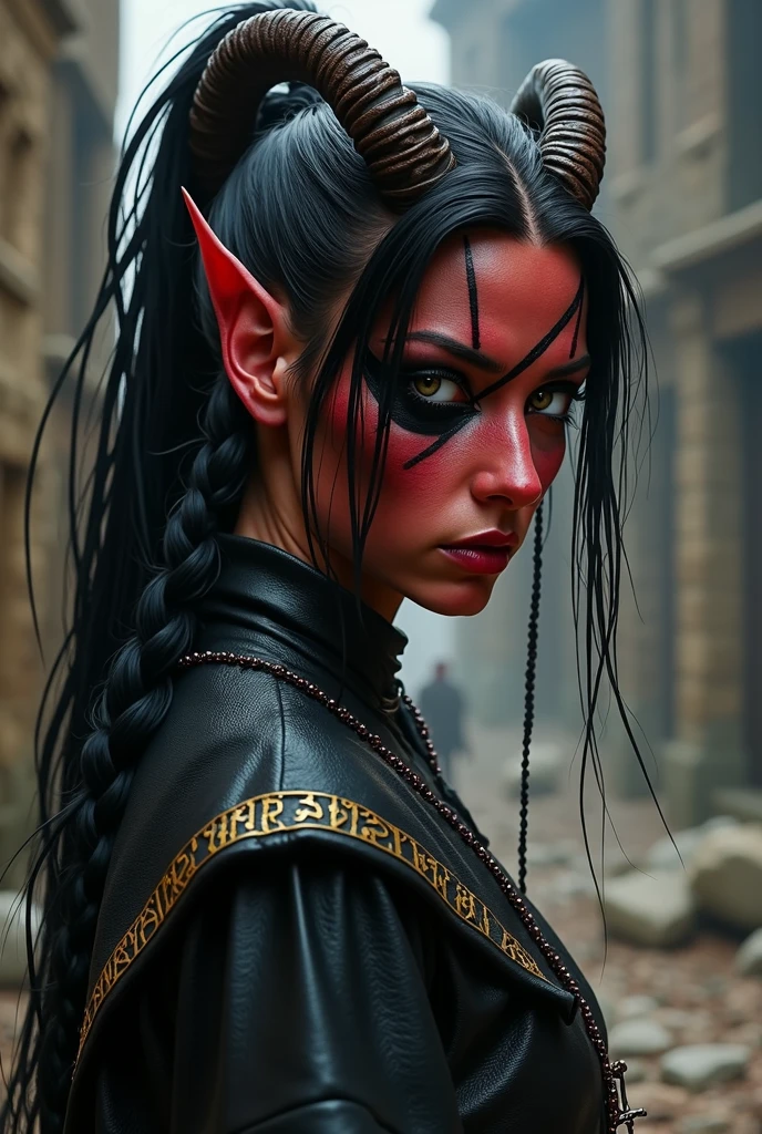 ((Mediovale)), uma mulher Tiefling, reddish skin, ram horns, broken left horn, Bblack hair, hair tied in a ponytail, hair shaved on the sides, two braids on each side of the bangs, white eyes without scruff, eye patch on the left side, scar under the eye patch, scar on the lips on the right side,