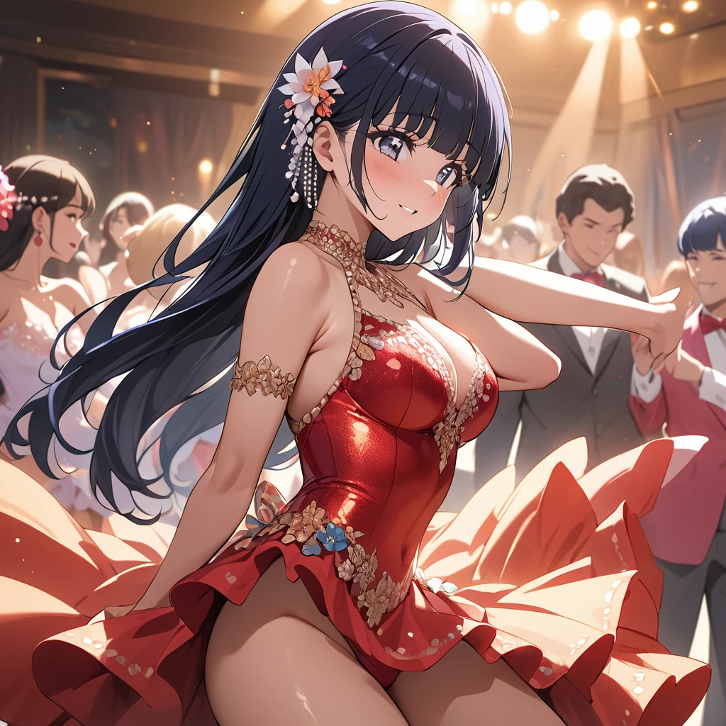 ((Highest quality)), ((masterpiece)), (detailed), （Perfect Face）、The woman is Reika Aoki with semi-long hair、A woman is dancing salsa passionately in a salsa costume in South America