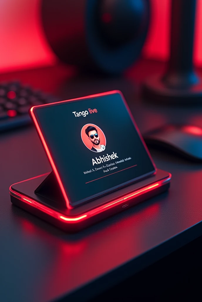 Create a Tango live profile on glass Id card on a black desk displaying tango live logo and realistic profile photo of a man with beard with sunglasses in circle and "Abhishek" is written in bold fonts under the profile photo, the Tango card is glowing in red color on the edge.