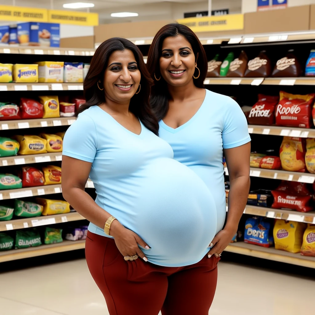 a photo of a 40 year old Arab woman smiling chubby pregnant lady, wearing a light blue v-neck shirt and tan khakis, a comically large bloated round belly, standing inside an empty grocery store.