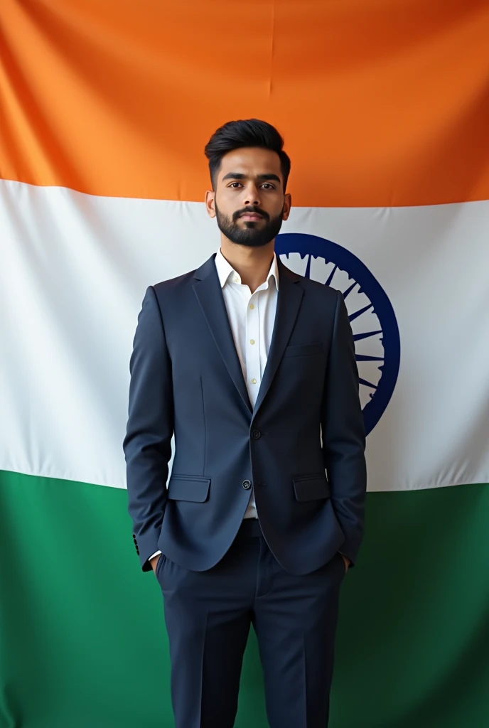 Indian 21 year young professional boy Beard. normal haircut And eye to eye. stand position indian flag background