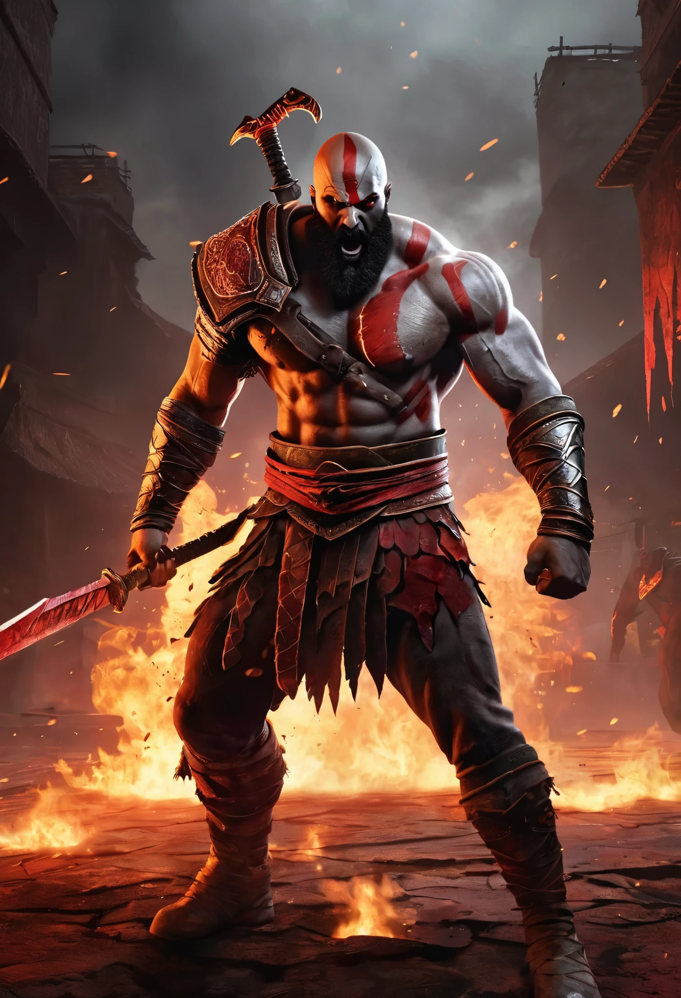 Kratos-God of War,illustration,powerful warrior,war god,strong muscular physique,dark-skinned,with an angry expression,bald head,glowing red tattoo on face,chain blades,symbol of chaos,menacing red aura,enraged battle stance,fierce eyes,rips of battle armor,torn leather loincloth,remnants of defeated enemies at his feet,blood-stained ground,ruined cityscape in the background,(best quality,4k,8k,highres,masterpiece:1.2),ultra-detailed,realistic,professional,vivid colors,dark and moody lighting.