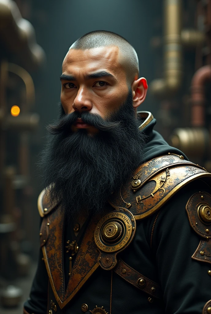 (photorealism:1.2) young Asian man with buzzcut and a full viking beard wearing steampunk