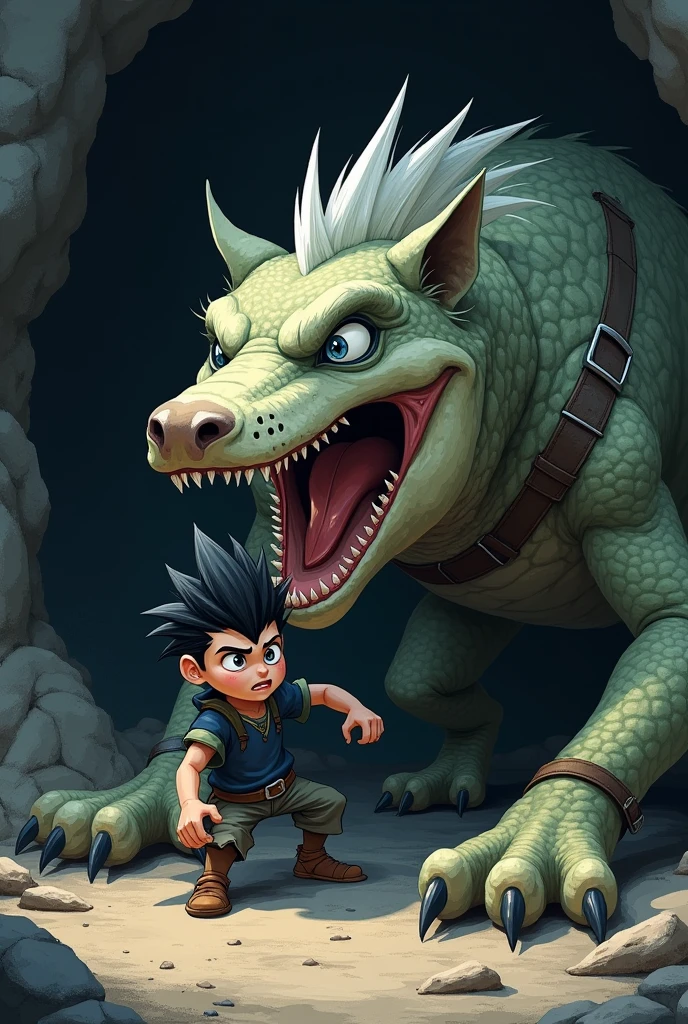An anthropomorphic youthful slender wolf cub with black and white fur, blue eyes and a striking white mohawk hairstyle wears a dark blue, baggy medieval tunic shirt with dark green, T-shirt-like short sleeves. in animated drawing style. He finds himself in a dark, dark cave. A huge evil monstrous lizard creature, which is significantly larger than the wolf cub, has already grabbed the panicked wolf cub by the head and is pressing him firmly to the cave floor with his claws. The monster drools, while trying, to devour the wolf cub. animated drawing style