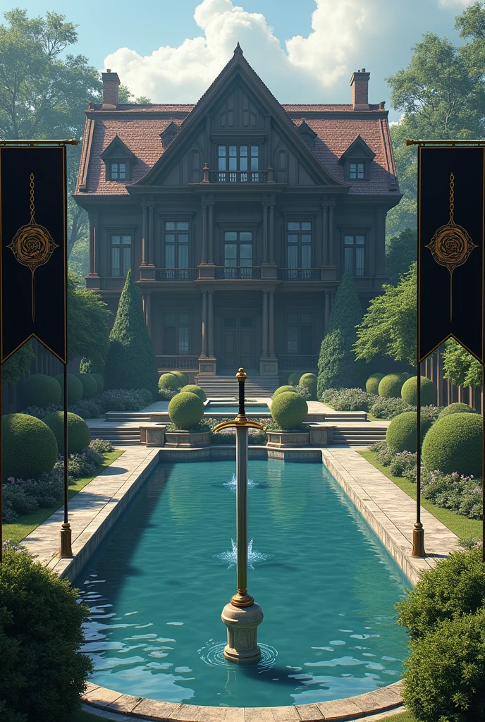 Un gros manoir légèrement avec du bois sombre, symétrique avec un très grand jardin et une grande Fontaine, en son centre une statue d'épée planté au milieu de la fontaine. Le manoir arbore des fanions noirs, aux bords dorés avec un logo de 3 roses enchaînés 