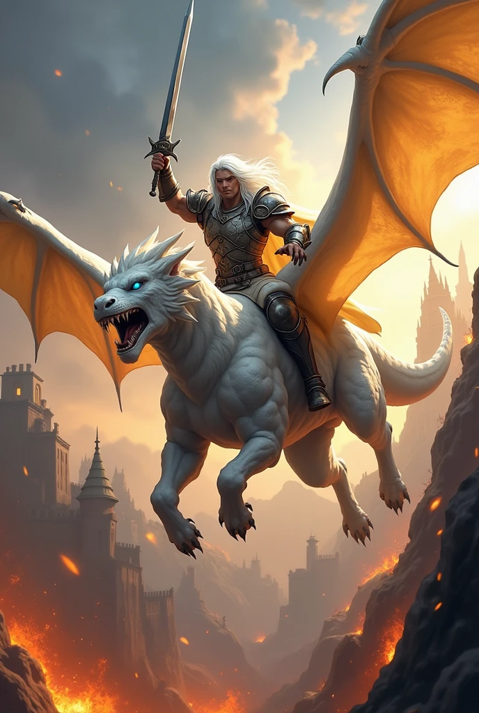 A male paladin with long white hair and a sword in his right hand flying on top of a muscular white celestial dragon with an angry face and white and golden wings and blue eyes and flying in attack mode over a burning castle,the paladin must have the brave face in attack mode ,the paladin must have his sword pointing up and forward .the dragon has to be flying in attack mode,taking a low flight.the paladin has to be shouting 
